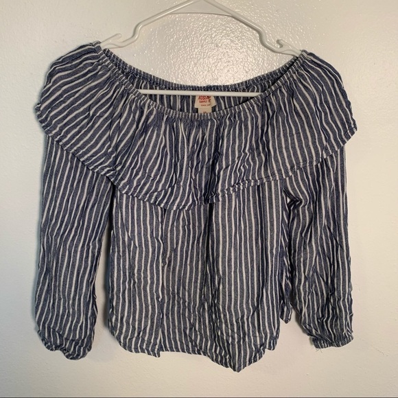 Mossimo Off Shoulder Blouse Blue White Stripes - Picture 3 of 9